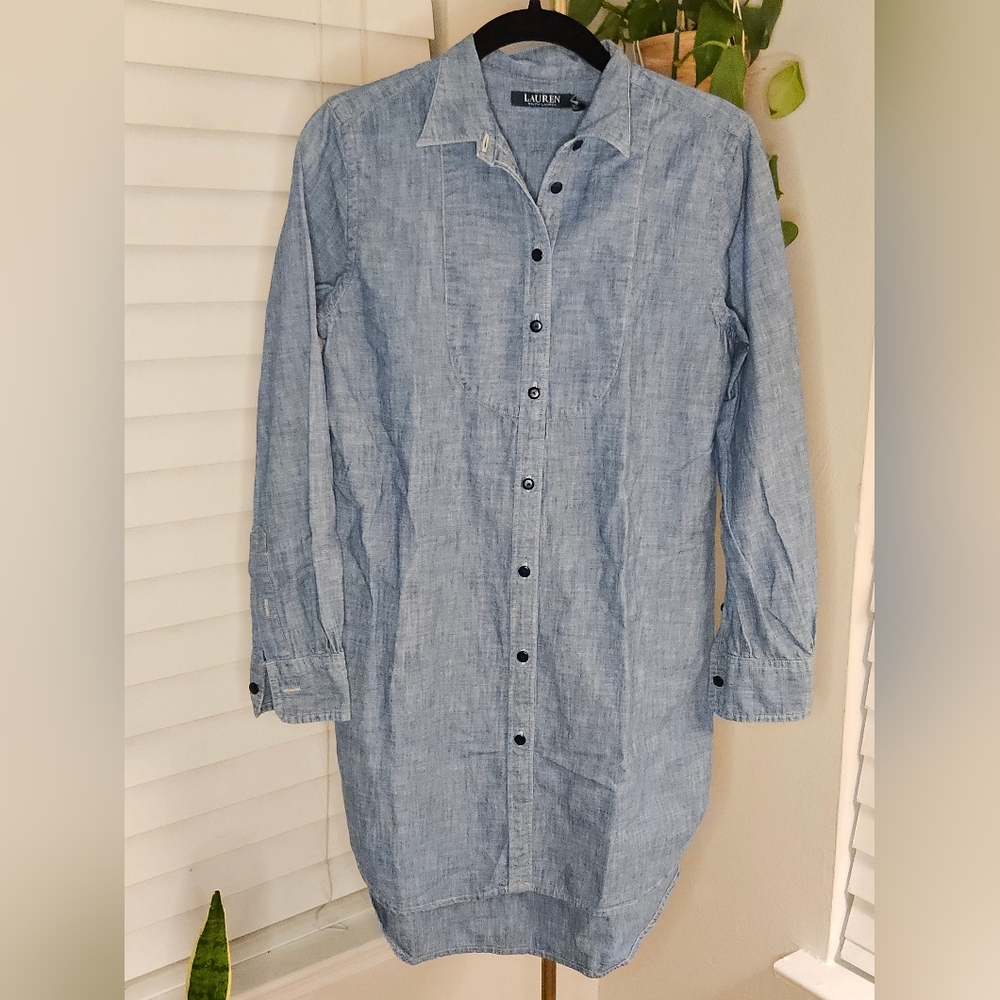 Lauren Ralph Lauren Blue Denim-Look Linen Blend Shirt Dress Tunic
